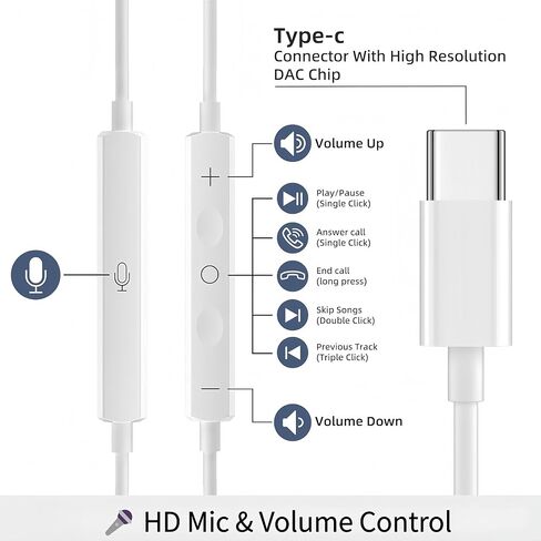 3 Pack USB C Headphones for iPhone 17/16/15 Pro Max iPad Plus TypeC Earphones with Microphone Volume Control USBC Wired Earbuds USB Type C Earphone for Samsung S25 Ultra S24 S23 S22 （1.2M/4Ft） in Kuwait