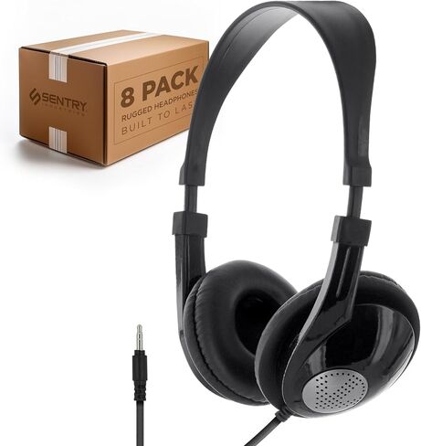 SENTRY Bulk 8 Pack Rugged School Headphones, 3.5 mm Jack Connection, Durable for Kids, Students, Teachers, Classrooms, Braided Cable, Inline Microphone, for Online Learning in Kuwait