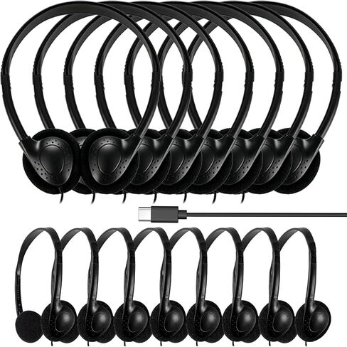 USB Type C Kids Headphones Bulk 20 Pack for Classroom School, Wired On-Ear USB C Headset for Students Teens Children, Compatible with Cellphone Tablet Laptop PC Online Class Travel (HY857C, 20 Black) in Kuwait
