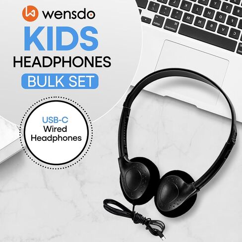 USB Type C Kids Headphones Bulk 20 Pack for Classroom School, Wired On-Ear USB C Headset for Students Teens Children, Compatible with Cellphone Tablet Laptop PC Online Class Travel (HY857C, 20 Black) in Kuwait
