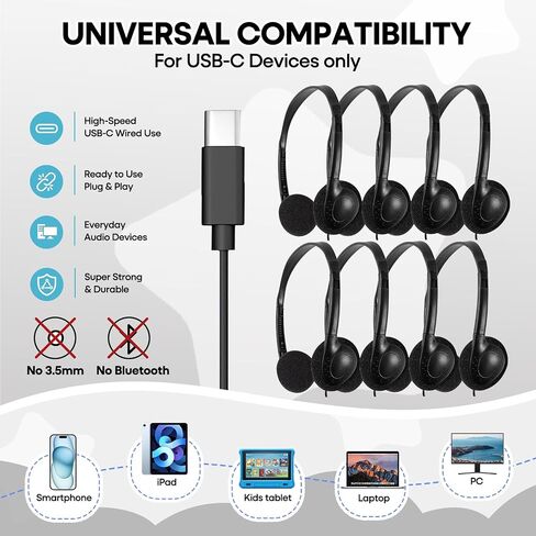 USB Type C Kids Headphones Bulk 20 Pack for Classroom School, Wired On-Ear USB C Headset for Students Teens Children, Compatible with Cellphone Tablet Laptop PC Online Class Travel (HY857C, 20 Black) in Kuwait