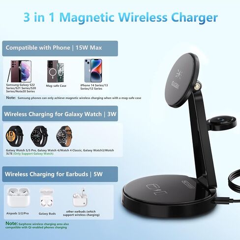 Wireless Charger for Samsung | 3-in-1 Charging Station for Samsung Galaxy S25/S24/S23/S22 & Watch 7/6/5/Buds | MagSafe Charger for iPhone 16/15/14/13/12 | Compatible with Apple AirPods in Kuwait