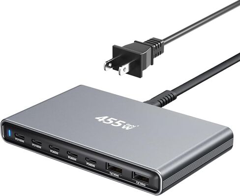 455W USB C Charger Block,Fast Charging Station 7-Port with Dual 100W PD Ports&GaN Technology,Slim Desktop Charging Hub Multiport Adapter for Multiple Devices,Compatible with MacBook/DELL/iPad/iPhone in Kuwait