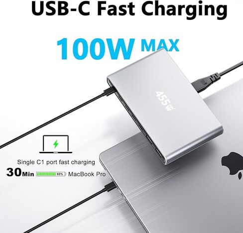 455W USB C Charger Block,Fast Charging Station 7-Port with Dual 100W PD Ports&GaN Technology,Slim Desktop Charging Hub Multiport Adapter for Multiple Devices,Compatible with MacBook/DELL/iPad/iPhone in Kuwait