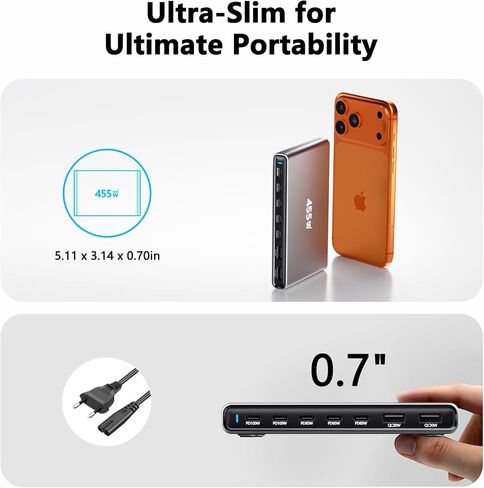 455W USB C Charger Block,Fast Charging Station 7-Port with Dual 100W PD Ports&GaN Technology,Slim Desktop Charging Hub Multiport Adapter for Multiple Devices,Compatible with MacBook/DELL/iPad/iPhone in Kuwait