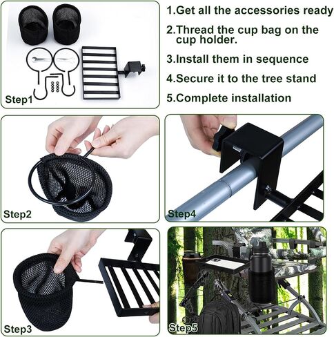Metal Tree Stand Cup Holder Tray with Mesh Pouch for Hunting Gear in Kuwait