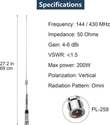 Dual Band Mobile Antenna 70cm 2meter VHF/UHF (144 / 430MHz) Stainless Steel Aerial PL-259 (UHF-Male) Connector for Repeater Ham Mobile Radio Transceiver in Kuwait