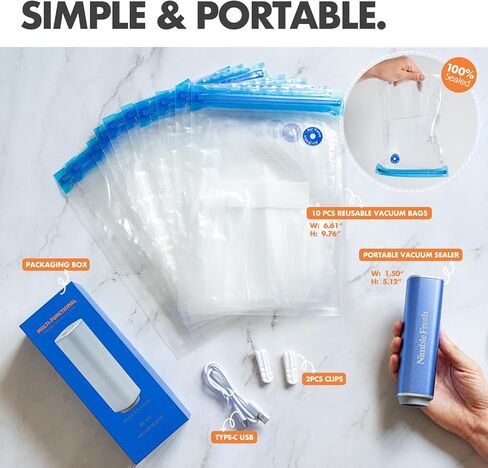 Portable Vacuum Sealer for Kitchen & 50kPa with 10 Seal Bags & Ideal for Sous Vide & Meal Prep in Kuwait