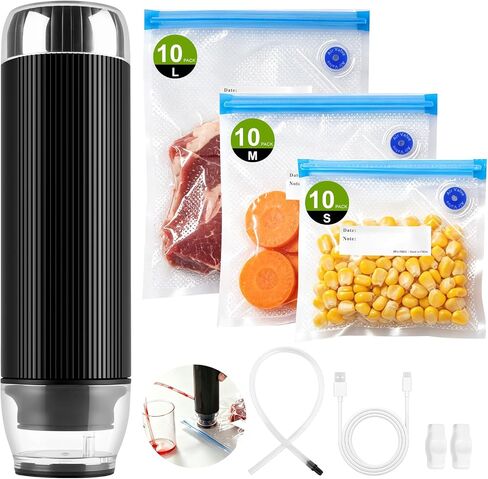 80kPa Compact Vacuum Sealer for Food (Vacuum Sealer Machine + 30 Reusable Vacuum Bags), Powerful Handheld Vacuum Sealer, USB-C Rechargeable Cordless Food Vacuum Sealer for Meal Prep and Food Storage in Kuwait