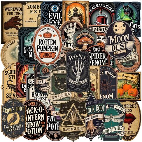 100PCS Halloween Potion Label Stickers,Apothecary Magic Labels Stickers Waterproof Vinyl Stickers for Water Bottle Laptop Computer in Kuwait