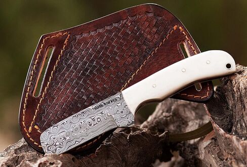 Handmade Damascus steel Bull cutter knife, cowboy knives with pancake leather sheath (WHITE) in Kuwait