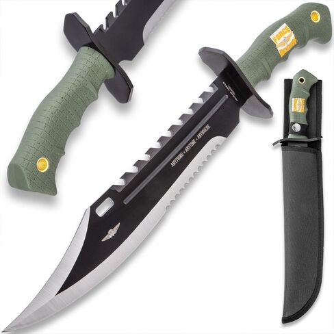 UNITED CUTLERY USMC Anything, Anytime, Anywhere Giant Bowie Knife and Sheath - Anodized Stainless Steel Blade, Over-Molded Rubber Handle, Large Metal Handguard, For All Cutting Jobs - Length 16 3/8" in Kuwait