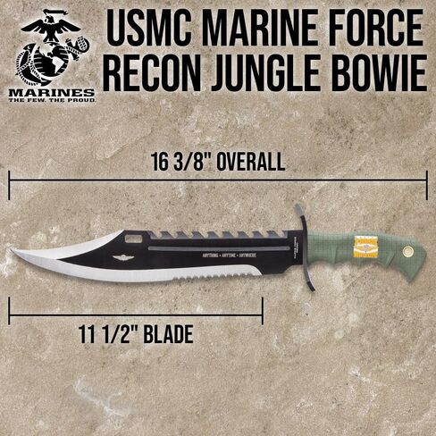 UNITED CUTLERY USMC Anything, Anytime, Anywhere Giant Bowie Knife and Sheath - Anodized Stainless Steel Blade, Over-Molded Rubber Handle, Large Metal Handguard, For All Cutting Jobs - Length 16 3/8" in Kuwait