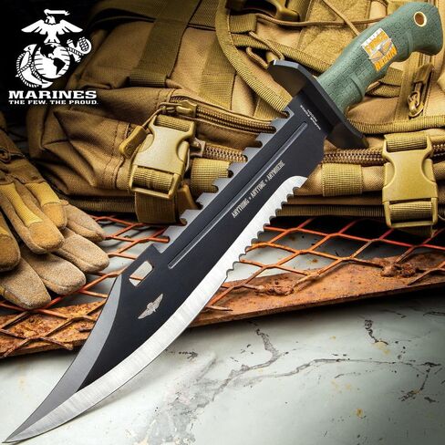 UNITED CUTLERY USMC Anything, Anytime, Anywhere Giant Bowie Knife and Sheath - Anodized Stainless Steel Blade, Over-Molded Rubber Handle, Large Metal Handguard, For All Cutting Jobs - Length 16 3/8" in Kuwait