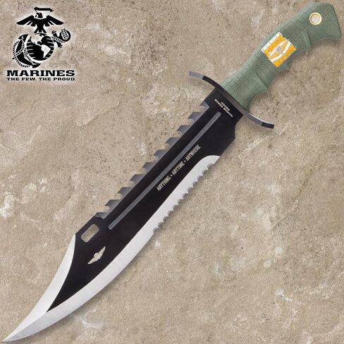 UNITED CUTLERY USMC Anything, Anytime, Anywhere Giant Bowie Knife and Sheath - Anodized Stainless Steel Blade, Over-Molded Rubber Handle, Large Metal Handguard, For All Cutting Jobs - Length 16 3/8" in Kuwait