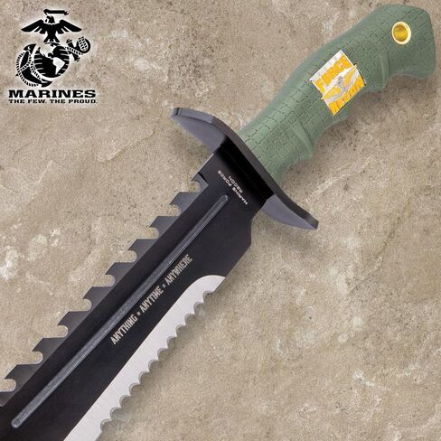 UNITED CUTLERY USMC Anything, Anytime, Anywhere Giant Bowie Knife and Sheath - Anodized Stainless Steel Blade, Over-Molded Rubber Handle, Large Metal Handguard, For All Cutting Jobs - Length 16 3/8" in Kuwait