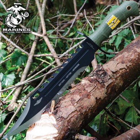 UNITED CUTLERY USMC Anything, Anytime, Anywhere Giant Bowie Knife and Sheath - Anodized Stainless Steel Blade, Over-Molded Rubber Handle, Large Metal Handguard, For All Cutting Jobs - Length 16 3/8" in Kuwait