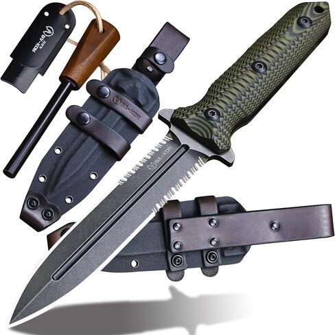 BA-KOR 11.4" Fixed Blade Hunting Knife, CPM 3V Steel Full Tang Survival Knife, 5mm Thick Stonewashed Dual Edge with Partial Serration, G10 Handle, Leather Kydex Sheath & 5.9" Fire Starter in Kuwait