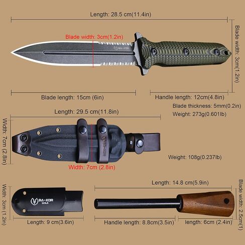 BA-KOR 11.4" Fixed Blade Hunting Knife, CPM 3V Steel Full Tang Survival Knife, 5mm Thick Stonewashed Dual Edge with Partial Serration, G10 Handle, Leather Kydex Sheath & 5.9" Fire Starter in Kuwait