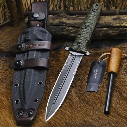 BA-KOR 11.4" Fixed Blade Hunting Knife, CPM 3V Steel Full Tang Survival Knife, 5mm Thick Stonewashed Dual Edge with Partial Serration, G10 Handle, Leather Kydex Sheath & 5.9" Fire Starter in Kuwait