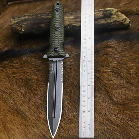 BA-KOR 11.4" Fixed Blade Hunting Knife, CPM 3V Steel Full Tang Survival Knife, 5mm Thick Stonewashed Dual Edge with Partial Serration, G10 Handle, Leather Kydex Sheath & 5.9" Fire Starter in Kuwait