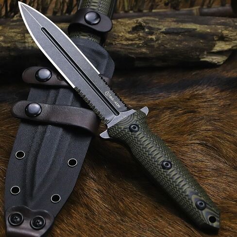 BA-KOR 11.4" Fixed Blade Hunting Knife, CPM 3V Steel Full Tang Survival Knife, 5mm Thick Stonewashed Dual Edge with Partial Serration, G10 Handle, Leather Kydex Sheath & 5.9" Fire Starter in Kuwait