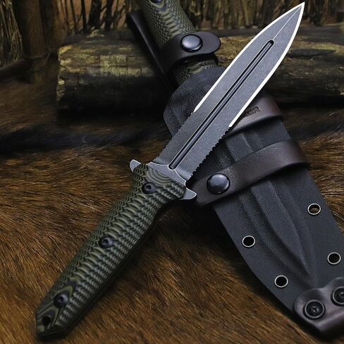 BA-KOR 11.4" Fixed Blade Hunting Knife, CPM 3V Steel Full Tang Survival Knife, 5mm Thick Stonewashed Dual Edge with Partial Serration, G10 Handle, Leather Kydex Sheath & 5.9" Fire Starter in Kuwait