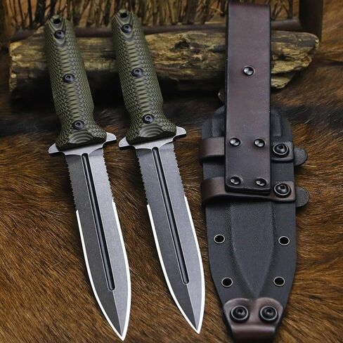 BA-KOR 11.4" Fixed Blade Hunting Knife, CPM 3V Steel Full Tang Survival Knife, 5mm Thick Stonewashed Dual Edge with Partial Serration, G10 Handle, Leather Kydex Sheath & 5.9" Fire Starter in Kuwait