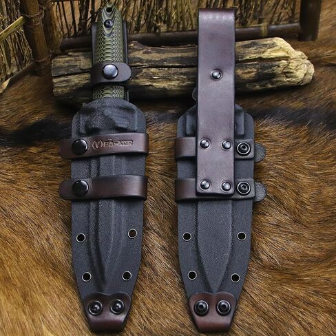 BA-KOR 11.4" Fixed Blade Hunting Knife, CPM 3V Steel Full Tang Survival Knife, 5mm Thick Stonewashed Dual Edge with Partial Serration, G10 Handle, Leather Kydex Sheath & 5.9" Fire Starter in Kuwait