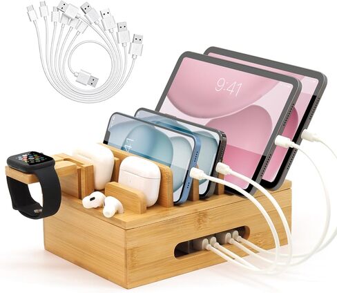 Bamboo Charging Station with Watch Stand, Desktop Charging Station Organizer, Wood Docking Station for Phones, Tablets, Watch, Earbuds (No Power Supply) in Kuwait