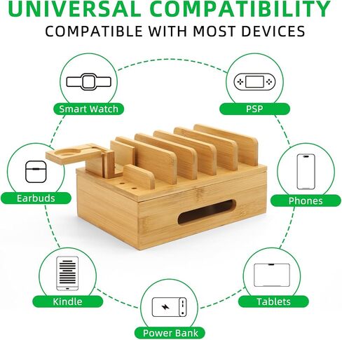 Bamboo Charging Station with Watch Stand, Desktop Charging Station Organizer, Wood Docking Station for Phones, Tablets, Watch, Earbuds (No Power Supply) in Kuwait