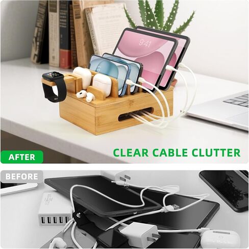 Bamboo Charging Station with Watch Stand, Desktop Charging Station Organizer, Wood Docking Station for Phones, Tablets, Watch, Earbuds (No Power Supply) in Kuwait
