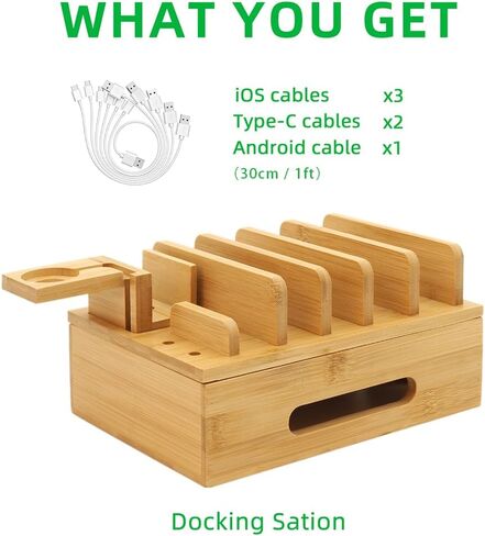 Bamboo Charging Station with Watch Stand, Desktop Charging Station Organizer, Wood Docking Station for Phones, Tablets, Watch, Earbuds (No Power Supply) in Kuwait