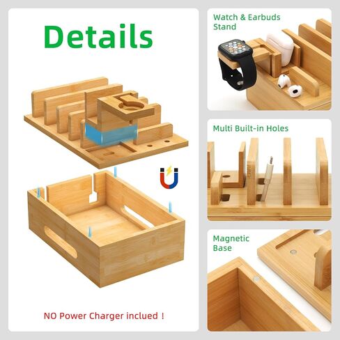 Bamboo Charging Station with Watch Stand, Desktop Charging Station Organizer, Wood Docking Station for Phones, Tablets, Watch, Earbuds (No Power Supply) in Kuwait