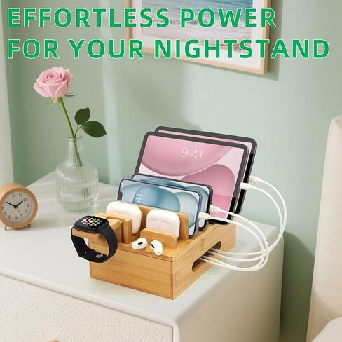 Bamboo Charging Station with Watch Stand, Desktop Charging Station Organizer, Wood Docking Station for Phones, Tablets, Watch, Earbuds (No Power Supply) in Kuwait