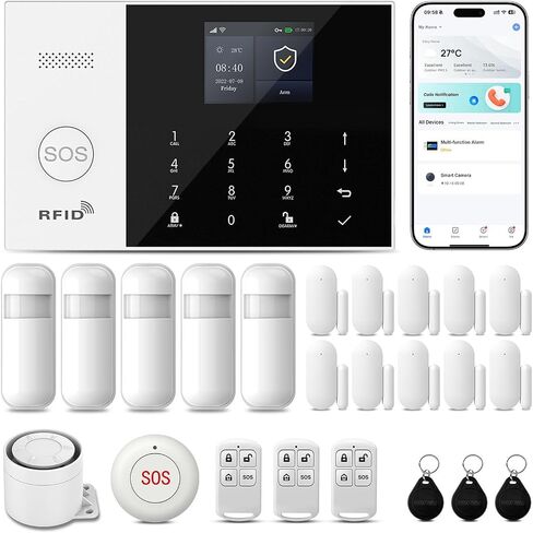 Alarm System for Home Security,24Pcs WiFi+GSM/4G No Monthly Fee Wireless Security System, Phone App Control,Real-Time Alert,Auto Alarm Dial,Compatible with Alexa & Google,No Monthly Fee in Kuwait