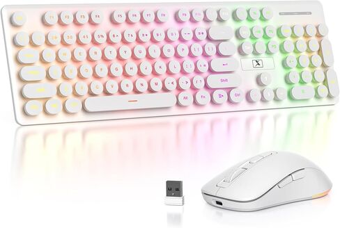 Blue Wireless Keyboard and Mouse, Typewriter Rechargeable Backlit Cute Keyboard with Round Keycaps, Soft Typing, Sleep Mode, 2.4GHz Full Size Wireless Quiet Key Board for Computer, Laptop, PC (Blue) in Kuwait