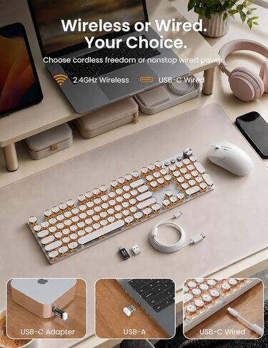 Wireless Mechanical Keyboard and Mouse Combo, 104-Key, Round Keys, Silver in Kuwait