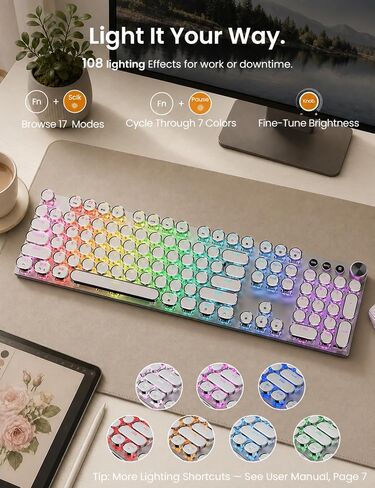 Wireless Mechanical Keyboard and Mouse Combo, 104-Key, Round Keys, Silver in Kuwait