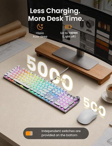 Wireless Mechanical Keyboard and Mouse Combo, 104-Key, Round Keys, Silver in Kuwait