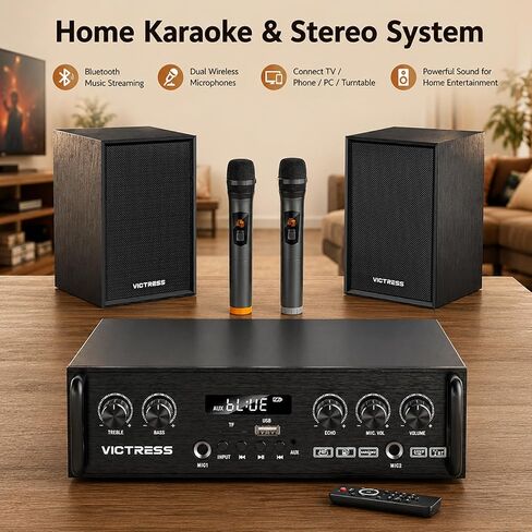 Bluetooth Home Audio Amplifier, with 2 Speakers & 2 UHF Mics, 200W Power in Kuwait
