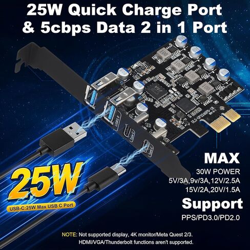 PCIe USB 3.0 Card, 2X USB C + 2X USB A PCI Express Expansion Card for Desktop PC, 25W Fast Charging Type-C Ports, No External Power Needed, Not for Video/Thunderbolt/Meta Quest in Kuwait