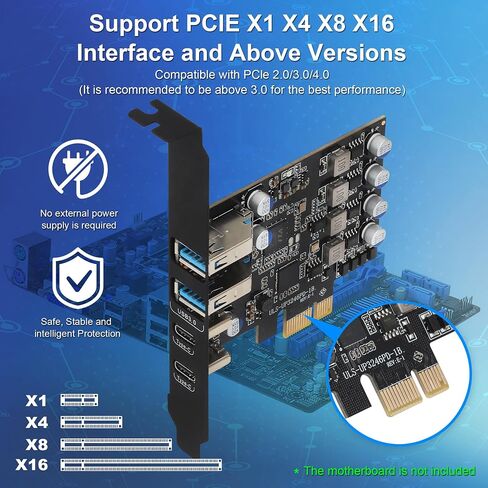 PCIe USB 3.0 Card, 2X USB C + 2X USB A PCI Express Expansion Card for Desktop PC, 25W Fast Charging Type-C Ports, No External Power Needed, Not for Video/Thunderbolt/Meta Quest in Kuwait