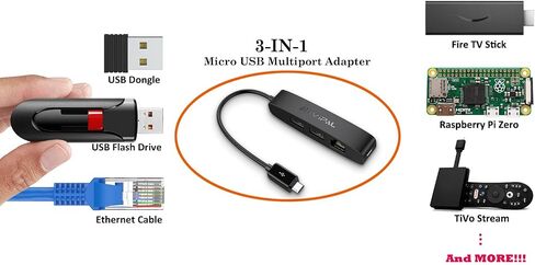 3-in-1 Micro USB Ethernet Adapter, OTG Hub with 2 USB Ports and 1 RJ45 Port for Fire TV Stick, Raspberry Pi Zero, Google Chromecast Ultra, and TiVo Stream 4K - Black in Kuwait