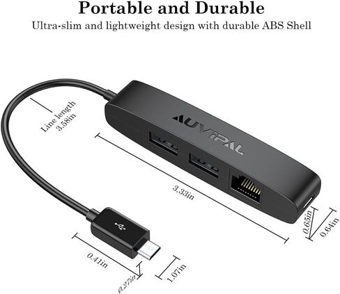3-in-1 Micro USB Ethernet Adapter, OTG Hub with 2 USB Ports and 1 RJ45 Port for Fire TV Stick, Raspberry Pi Zero, Google Chromecast Ultra, and TiVo Stream 4K - Black in Kuwait