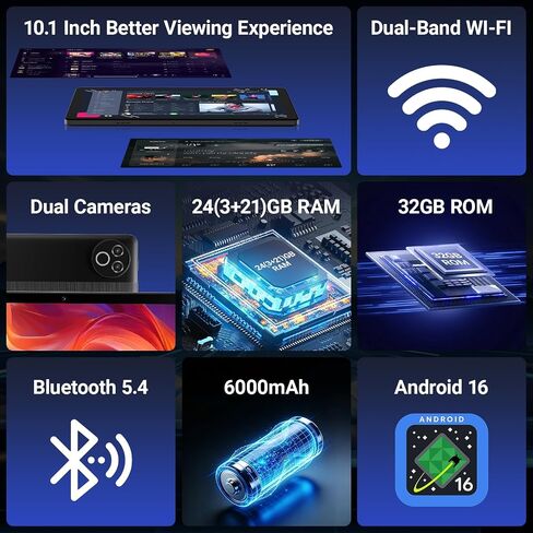 Gleeso Tablet Android 16 Tablet 10 Inch, 24GB RAM 1TB Expandable, 6000mAh Battery, Widevine L1, Face Unlock, WiFi 6, Bluetooth 5.4, Dual Cameras Tablet for Work & Entertainment in Kuwait