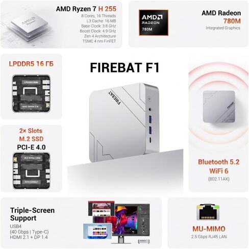 FIREBAT F1 Mini Gaming PC Ryzen7 H 255(Upgraded 8745H/6900HX 8C16T) 4.9GHz,16GB RAM 512GB SSD，Radeon 780M,4K Triple Display,USB4/2.5G LAN/HDMI 2.0/WiFi 6/DP1.4/54W, LPDDR5,Mini Desktop Computer in Kuwait