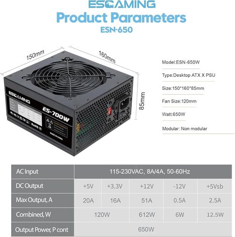 ESGAMING 650W PSU - Non-Modular ATX Power Supply with Auto-Thermally Controlled 120mm Fan and 6+2 Pin Connectors, PFC Protection 115/230V Switch in Saudi Arabia