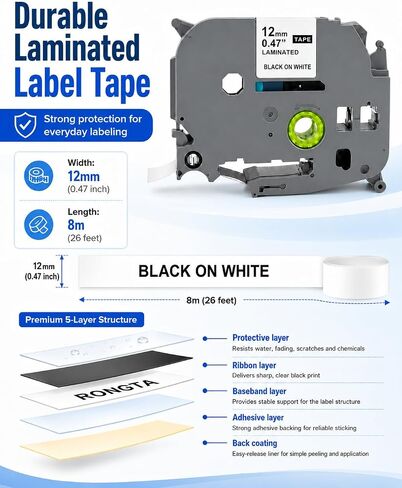Label Maker Tape 12mm 0.47 Laminated White, Replacement for Rongta TD210 TH110, Laminated White Labels Compatible with P Touch PT-D210 D220 H110 D200 D400, 12mm x 8m, 6-Pack in Saudi Arabia