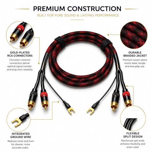 RCA Cable with Ground Wire for Turntable, 3.3 FT, 18AWG OFC Braided 2RCA Male Stereo Audio Cable, Gold-Plated Connectors for Preamp, Record Player, DJ Mixer, Amplifier in Kuwait